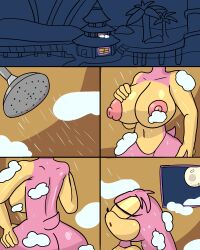 4:5 absurd_res amy_rose anthro ass bathing big_breasts big_butt breasts comic dezmine21 digital_media_(artwork) english_text eulipotyphlan eyes_closed female full_moon fur hair head_back hedgehog hi_res huge_breasts imminent_transformation mammal nipples nude open_mouth pink_body pink_nipples sega short_tail shower showering simple_background solo sonic_(series) sonic_the_hedgehog_(series) standing text thick_thighs video_games water wet wet_hair wide_hips