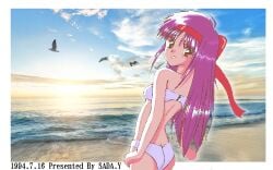 1990s 1994 1girls 20th_century ass ass_cleavage beach bikini breasts brown_eyes butt_crack dated edit female female_only hair_ribbon hand_on_hip highres long_hair looking_at_viewer looking_back nakoruru ocean pc-98_(style) pc98 purple_hair ribbon sada.y samurai_shodown small_breasts smile snk solo swimsuit water white_bikini