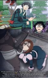 1girls 2boys ball_sucking big_ass big_balls big_breasts big_penis brown_hair contingency cuckold cum dark-skinned_male dark_skin english_text green_hair hero_outfit_(mha) huge_cock interracial izuku_midoriya my_hero_academia netorare ntr ochako_uraraka sucking_testicles text_focus