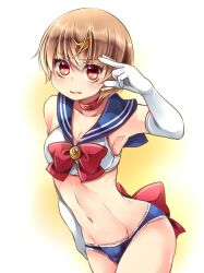 alternate_costume androgynous banira_(pixiv) bishoujo_senshi_sailor_moon blue_panties brown_hair choker circlet clothing crop_top crossdressing curved_back elbow_gloves embarrassed femboy gintama gloves lace-trimmed_panties light_brown_hair looking_at_viewer male male_only okita_sougo panties red_eyes red_ribbon sailor_collar sailor_moon_(cosplay) short_hair sleeveless_shirt solo tiara v v_sign white_gloves