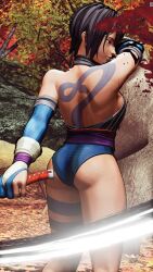 1girls 3d ass attack big_ass big_breasts black_hair blood blue_eyes breasts bubble_butt busty female female_only hi_res large_breasts leg_tattoo legs leotard samurai_shodown shiki_(samurai_shodown) short_hair sideboob snk tattoo thighs weapon