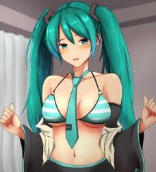 1girls big_breasts bikini bikini_top_only blush breasts busty female female_only green_eyes hatsune_miku hatsune_miku_(collared_bikini) large_breasts looking_at_viewer navel open_mouth solo striped_bikini sweat twintails vocaloid