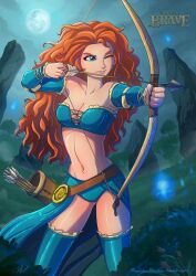 1girls 2014 big_breasts blue_eyes bow_and_arrow brave clothed clothed_female curly_hair disney disney_princess exposed_midriff female full_moon human merida night one_eye_closed outdoors pixar random_roodles red_hair scottish solo thighhighs weapon