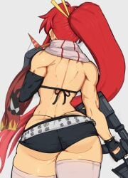 1girls armwear ass ass_cleavage athletic back_view big_ass butt_crack female female_focus female_only fit_female g-string g-string_only legwear long_hair minishorts muscular_female ponytail red_hair shorts solo solo_female tengen_toppa_gurren_lagann thick_thighs thighhighs thighs thong thong_above_shorts thong_straps toned_female yoko_littner yoracrab