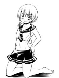 annoyed banira_(pixiv) barefoot blush crop_top crossdressing embarrassed femboy full_body gintama kneeling looking_at_viewer male male_only monochrome okita_sougo pleated_skirt sailor_collar serafuku short_hair sleeveless_shirt solo sweatdrop trap