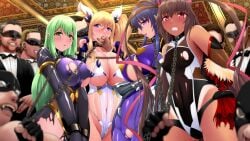 4girls 6+boys aishuu_hebiko akiyama_rinko blonde_hair bodysuit brown_hair collar green_hair imminent_rape kujahumi mizuki_yukikaze multiple_girls onisaki_kirara onizaki_kirara purple_hair slave taimanin_(series) taimanin_yukikaze tan_body torn_clothes