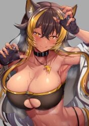 1girls animal_ears armpits bare_shoulders big_breasts biro-budou blush breasts busty cat_ears catgirl choker dark-skinned_female dark_skin female female_only fingerless_gloves fit_female heart-shaped_pupils indie_virtual_youtuber looking_at_viewer midriff multicolored_hair nekoyo_chloe slime_(substance) solo suggestive suggestive_fluid suggestive_look virtual_youtuber