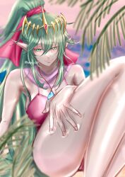 1girls alternate_costume asan5528 ass bare_legs beach big_ass breasts female female_only fire_emblem fire_emblem:_mystery_of_the_emblem fire_emblem:_shadow_dragon_and_the_blade_of_light fire_emblem_awakening fire_emblem_heroes green_eyes green_hair large_breasts legs_up long_hair nintendo ocean one-piece_swimsuit outdoors ponytail red_swimsuit smile solo sunset swimsuit tiki_(adult)_(fated_divinity)_(fire_emblem) tiki_(adult)_(fire_emblem) tiki_(fire_emblem) tiki_(young)_(fire_emblem) tiki_(young)_(fire_emblem)_(cosplay) very_long_hair