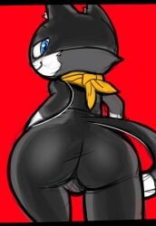 1boy absurd_res anthro ass atlus bandana big_butt blue_eyes domestic_cat felid feline felis goldeneyensfw hi_res kerchief looking_at_viewer looking_back male male_only mammal mask megami_tensei megami_tensei_persona morgana_(persona) red_background seductive simple_background solo video_games yellow_bandanna yellow_kerchief