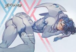 1girls big_ass big_butt blue_hair curvy darling_in_the_franxx head_down_ass_up ichigo_(darling_in_the_franxx) skin_tight solo thejettyjetshow watermark