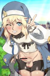 1boy balls blonde_hair blue_eyes bridget censor_bar censored erection eye_contact fingerless_gloves gloves guilty_gear guilty_gear_strive hood looking_at_viewer minishorts one_eye_closed penis precum shiny_clothes shorts shorts_down smile solo spandex_shorts testicles thighs tukesiru