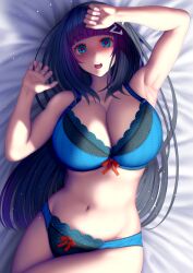 1girls akano_murasaki armpits bangs bed_sheet belly_button black_hair blue_bra blue_eyes blue_lace blue_panties blue_underwear blush blushing_at_viewer bra bra_and_panties breasts cleavage clothing curvaceous dot_nose embarrassed enormous_breasts eyebrows_visible_through_hair feet_out_of_frame female female_focus fingernail_polish fingernails hair_ornament hairclip hi_res high_resolution highres hourglass_figure huge_breasts lace-trimmed_bra lace-trimmed_panties lace_trim laid_back legs_together long_hair looking_at_viewer lying lying_on_back lying_on_bed massive_breasts matching_underwear nail_polish navel no_clothes on_back on_bed open_mouth original out_of_frame panties pink_nail_polish pink_nails raised_eyebrows red_ribbon ribbon ribbon_bra ribbon_panties shocked shocked_expression shocked_face smile solo solo_female surprised surprised_expression surprised_face underwear voluptuous voluptuous_female white_bed_sheet wide_eyed wide_hips