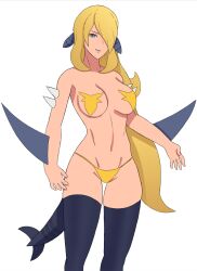 bikini blonde_hair cosplay cynthia_(pokemon) enoppa game_freak garchomp_(cosplay) grey_eyes hair_over_one_eye nintendo pasties pokemon pokemon_(cosplay) pokemon_dppt solo solo_female thighhighs white_background yellow_panties