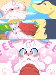 <3_eyes absurd_res anthro big_penis blue_body blue_eyes blush closed_eyes duo eeveelution female feral generation_2_pokemon genitals heart hi_res huge_cock looking_at_genitalia looking_at_penis looking_pleasured luuriolu male male/female minttu_(loimu) nintendo open_mouth penis pokemon pokemon_(species) pussy typhlosion umbreon video_games white_body yellow_body