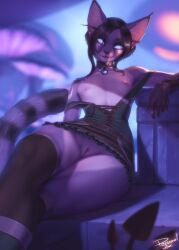 animal_ears black_hair blue_eyes blue_sclera blurry blurry_background blurry_foreground bracer brown_choker brown_skirt brown_thighhighs cat_ears cat_tail choker cleft_of_venus closed_mouth colored_sclera colored_skin crossed_legs depth_of_field earrings female flat_chest furry furry_female green_vest head_tilt highres jewelry laurie_(personalami) leaning_back long_eyebrows long_pointy_ears looking_at_viewer miniskirt nipples no_bra notched_ear off_shoulder original personalami pointy_ears purple_fur purple_skin pussy seductive_smile short_hair sidelocks signature sitting skirt smile smug solo tail thighhighs topless uncensored vest warcraft world_of_warcraft