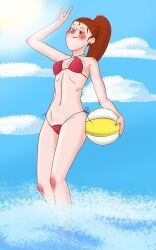 beach_ball bikini brown_eyes freckles gravity_falls hair_tie nerojules red_bikini red_hair smooth_skin summer sun sunshine waves wendy_corduroy