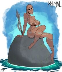 1girls bald bald_female big_breasts cel_shading dark-skinned_female dark_skin female female_only human mira_(primal) naked nude nude_female pinup pose primal_(series) rustysh4ckl3ford shaded simple_shading sitting smile spear thick_thighs water wet