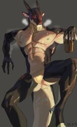 animal_genitalia black_body black_skin brontide can cloud_meadow container dragon genital_slit genitals hi_res holding_can holding_container holding_object liuxns male male_only muscular scar slit solo