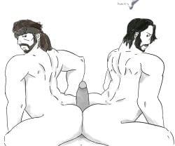 ass asses_touching beard bubble_ass bubble_butt crossover drawfag drawthread_request duck human male male/male/male male_only maloba manly metal_gear metal_gear_solid monochrome naked nude penis solid_snake video_games yaoi