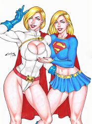 2022 2girls alternate_universe belt big_breasts blonde_hair blue_eyes blue_gloves blue_miniskirt blue_skirt boob_window breast_size_difference breasts carlos_braga crop_top dc dc_comics ed_benes_studio female female_only justice_league kara_danvers kara_zor-el light-skinned_female long_hair long_sleeves looking_at_viewer midriff miniskirt multiple_girls peace_sign pleated_skirt power_girl red_belt red_cape red_lipstick short_hair skirt supergirl superheroine superman_(series) tagme thong_leotard white_leotard yellow_belt