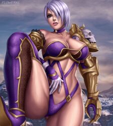 1girls armlet armor artist_logo artist_name ass bandai_namco big_ass blue_eyes breasts cleavage female female_only fighter flowerxl front_view gloves high_heels huge_breasts isabella_valentine legs_apart looking_at_viewer mountains namco pale-skinned_female pink_lipstick purple_boots revealing_armor skimpy skimpy_armor skimpy_clothes soul_calibur thick_female thick_thighs unconvincing_armor video_game_character white_hair wide_hips