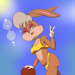 anthro anthro_only basketball_(ball) bikini blue_eyes brown_fur bunny furry light_brown_hair lola_bunny looney_tunes nerojules sparkles summer sun sunshine tied_ears underboob v_sign wink