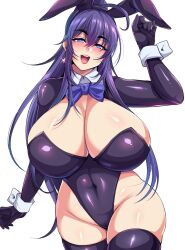 1girls blue_eyes blush bowtie breasts bunny_ears bunnysuit cameltoe cleavage detached_collar earrings eyebrows_visible_through_hair huge_breasts leotard light-skinned_female light_skin long_hair mole nishida_megane original plump purple_hair solo solo_female thick_thighs thighhighs white_background