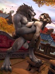 1boy 1girls 3:4 3d 3d_(artwork) 4:3 4_fingers ahe_gao animal_genitalia animal_penis anthro barefoot big_breasts brown_hair canine_penis duo furry grey_fur hi_res hot_spring male/female mammal nipples nude pandaren pandaren_female pandaria sex size_difference smaller_female straight ursid venevly(author) warcraft werewolf worgen worgen_male world_of_warcraft yiff