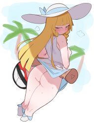 1girls ass best_girl blonde_hair blush bottomless bottomless_skirt butt_crack cute cute_butt disembodied_hand embarrassed fat_ass female female_focus female_only fuckable_ass game_freak green_eyes hat lightsource lillie_(pokemon) long_hair looking_back nintendo no_panties no_panties_under_skirt pokemon pokemon_(game) pokemon_sm skirt_lift solo solo_female solo_focus sweat thick_thighs thighs upskirt