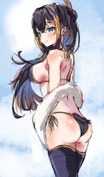 1girls amechi_(artist) animal_tail ass back_view bikini black_hair blue_eyes breasts butt earring light-skinned_female light_skin long_hair medium_breasts nijisanji nijisanji_en penguin_tail petra_gurin round_ass side_view sideboob solo solo_female solo_focus string_bikini tail thighhighs virtual_youtuber