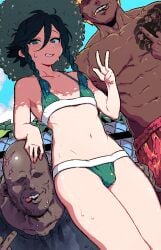 3boys androgynous bald bald_man balls beach bikini blue_eyes blue_hair blush braid bulge bulge_through_clothing dark-skinned_male dark_skin femboy genshin_impact green_bikini gyaru-oh hat interracial kingbawoon looking_at_viewer male male_only middle_finger midriff multiple_boys navel nervous nervous_smile pale-skinned_male pale_skin peace_sign smile solo_focus swimming_trunks tattoo topless ugly_bastard ugly_man v venti_(genshin_impact)