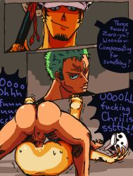 2boys anal anal_penetration anal_sex angry ass backsack beard black_hair blue_eyes comic cum_in_ass drawfag drawthread_request duo earrings facial_hair facial_scar fucked_senseless gay green_hair helmet helmet_removed holding_weapon instant_loss instant_loss_2koma male male/male male_only male_penetrating_male mating_press moaning_in_pleasure one_eye_closed one_piece orgasm_from_anal penis_in_ass pierced_ears roronoa_zoro scar_across_eye smirk speech_balloon sweatdrops sword tattooed_arm thrusting_into_ass trafalgar_law weapon yaoi