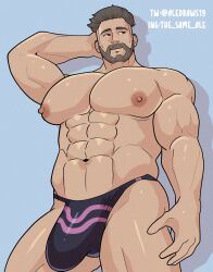 abs aledraws19 big_bulge bulge hand_on_head huge_bulge male male_only muscles muscular muscular_male pecs pokemon pokemon_sv professor_turo thick_thighs thong