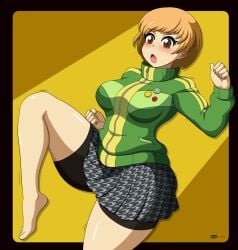 aizalter alternate_version_available big_breasts blush brown_eyes hi_res jacket looking_at_viewer persona persona_4 satonaka_chie skirt tagme thick_thighs