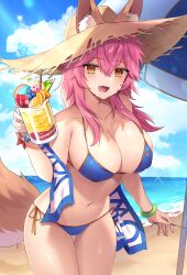 1girls animal_ear_fluff animal_ears artist_request beach_umbrella bikini blue_bikini blush breasts cleavage collarbone covered_erect_nipples ears_through_headwear fang fate/grand_order fate_(series) food fox_ears fox_girl fox_tail hat highres large_breasts long_hair looking_at_viewer nana_(nanamilk_0) navel ocean open_mouth parasol pink_hair side-tie_bikini_bottom solo straw_hat sweat swimsuit tail tamamo_no_mae_(fate) tamamo_no_mae_(swimsuit_lancer) umbrella