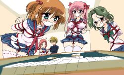 arms_behind_back blue_eyes blush bondage bondage boxtie brown_eyes crotch_rope glasses green_hair haramura_nodoka helpless kataoka_yuuki mahjong orange_hair panties pink_hair rope rope_between_breasts rope_bondage rope_harness saki school_uniform someya_mako takei_hisa thighhighs thighs underwear