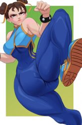 1girls 2022 abdl asian asian_female big_breasts breasts capcom chun-li color diaper diaper_under_clothing digital_media_(artwork) female kicking latex latex_bodysuit milkriot pose shoe_soles shoes street_fighter street_fighter_alpha