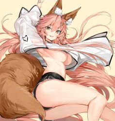 big_breasts blush breasts brown_eyes fate/extra fate/grand_order fate_(series) hi_res long_hair shorts sideboob silver_(chenwen) tagme tamamo_no_mae_(fate)