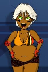 1girls ballmastrz:_9009 bbw belly big_belly big_breasts breasts cleavage dark-skinned_female dark_skin fat female gaz_digzy grabbing_belly muffin_top overweight scobionicle99 short_hair solo_female tomboy white_hair