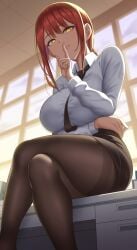 1girls big_breasts braided_hair breasts chainsaw_man eye_contact female female_focus female_only fully_clothed huge_breasts looking_at_viewer looking_down makima_(chainsaw_man) office pantyhose pencil_skirt red_hair thick_thighs thighs yasojima_nejiro yellow_eyes