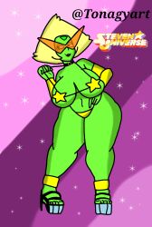 big_breasts bikini blonde_hair cartoon_network choker crystal_gem gem_(species) girl green_skin high_heels madheaven peridot_(steven_universe) prostitution steven_universe stripper sunglasses thick_thighs thongs tonagyart