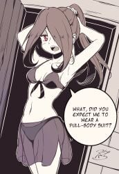 1girls adjusting_hair arms_up bikini breasts english_text female hair_over_one_eye little_witch_academia long_hair looking_at_viewer madabauillust monochrome monochrome_background navel one_eye_covered open_mouth ponytail red_eyes slim slim_waist small_breasts solo speech_bubble standing sucy_manbavaran swimsuit tagme text thighs transparent_clothing