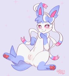 eeveelution female feral generation_6_pokemon genitals leg_markings looking_at_viewer markings nintendo pink_eyes pokemon pokemon_(species) purple_background pussy ribbons simple_background socks_(marking) solo spread_legs spreading sylveon toxicmilkyx video_games white_body