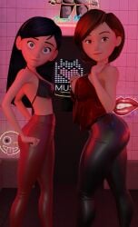 2girls 3d 3d_(artwork) aged_up ass big_breasts breasts club daz3d daz_studio disney female female_only helen_parr leather leather_clothing leather_jeans leather_pants milf mother_and_daughter multiple_girls no_sex pin3d pixar smooth_skin spandex the_incredibles violet_parr