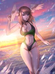 belly_button blue_eyes breasts brown_hair eunie_(xenoblade) high_entia moonllita moonllita_(artist) swimsuit wet xenoblade_(series) xenoblade_chronicles_3