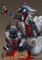 anthro black_claws blood blood_in_mouth blood_on_hand blue_eyes bodily_fluids claws corpse death empty_eyes finger_claws fur gloves_(marking) glowing glowing_eyes gore grey_body grey_ears grey_fur grey_hair grey_stripes hair hi_res inner_ear_fluff male markings open_mouth pink_nose pink_tongue ribcage signature simple_background solo striped_arms stripes tongue tuft what white_inner_ear white_inner_ear_fluff yaoifairy