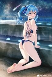 barefoot casino_(casinoep) hololive hololive_gen_0 hololive_japan hoshimachi_suisei looking_at_viewer looking_back night ponytail swimsuit virtual_youtuber watermark