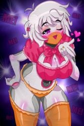 big_breasts five_nights_at_freddy's five_nights_in_anime fnaf funtime_chica_(fnaf) heart mairusu-paua panties purple_eyes thick_thighs thighhighs white_body winking