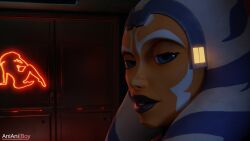 1girls 3d ahsoka_tano airress3d_(3d-modeller) alien alien_girl anianiboy bar blue_eyes close-up eye_contact face female female_only high_resolution lips neon_lights no_sex orange_skin seductive seductive_smile solo star_wars text the_clone_wars:_season_seven togruta