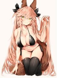 big_breasts bikini bikini_bottom bikini_top black_legwear black_socks black_thigh_highs black_thighhighs bow bow_panties bows crouching fate/extra fate/grand_order fate_(series) fox fox_ears fox_girl fox_tail hair hair_ribbon holding holding_hair kitsune kneeling long_hair silver_(chenwen) smile smiling smiling_at_viewer staring staring_at_viewer tagme tamamo_no_mae_(fate) thick_thighs thigh_gap thigh_highs thighhighs yellow_eyes